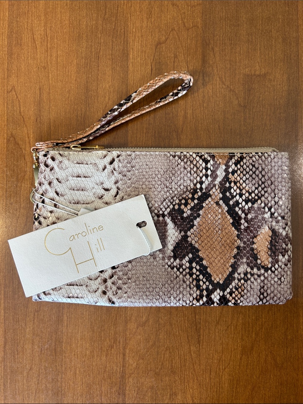 Caroline Hill Snake Print Wristlet Clutch in Taupe and Brown